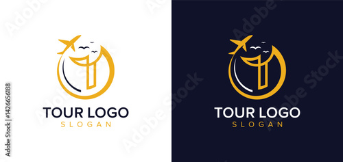 Letter T, Tour logo, travel logo design. Letter T for Travel, tour travel agency logo with airplane, travel bag vector template.