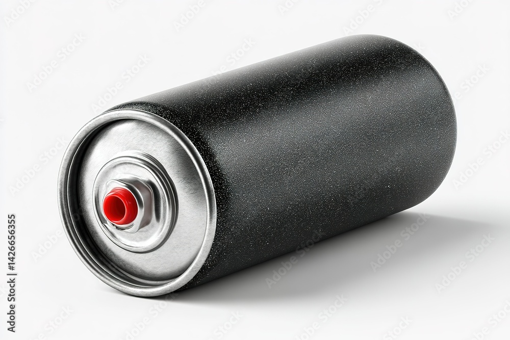 Black spray can on a white surface with a vibrant red nozzle and smooth metallic cap visible under bright lighting Black spray can on a white surface with a vibrant red nozzle and smooth metallic cap visible under bright lighting