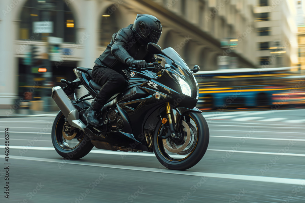City biker riding fast motorcycle on urban street at sunset
City biker riding fast motorcycle on urban street at sunset