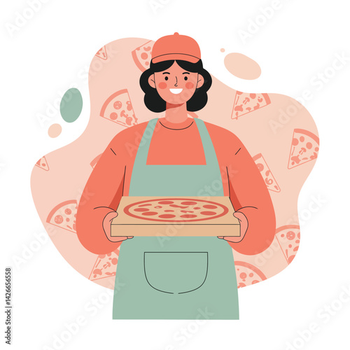Female pizza chef holding freshly baked pizza with smiling face in casual uniform vector illustration 