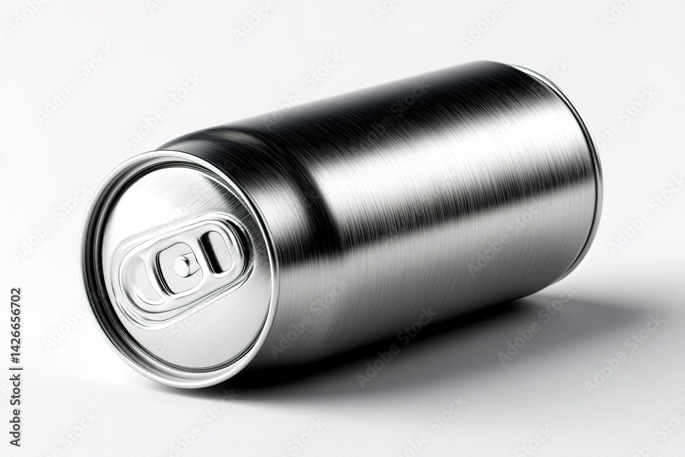 Metal beverage can lying on its side with a smooth, reflective surface and a discreet pull tab design Metal beverage can lying on its side with a smooth, reflective surface and a discreet pull tab design
