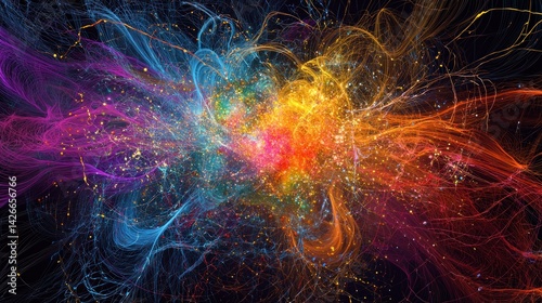 An abstract visualization of quantum computing, with AI algorithms represented as colorful, swirling particles.