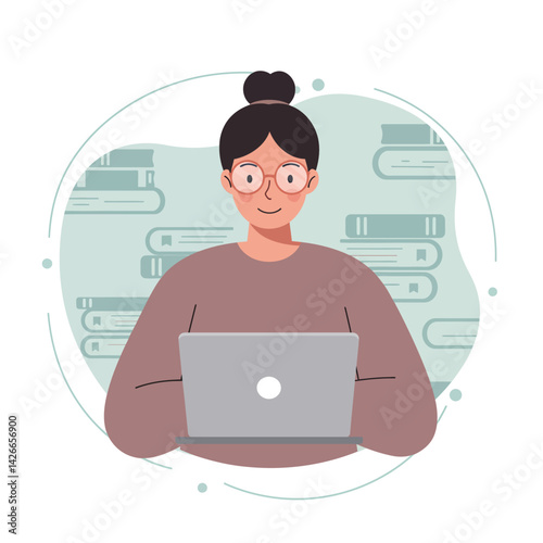 Woman working on laptop surrounded by books in cozy study environment vector illustration 
