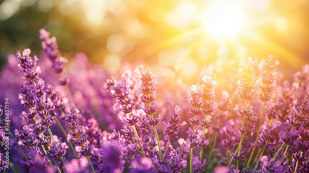 Naklejka premium Sunlight on Lavender Field at Sunrise