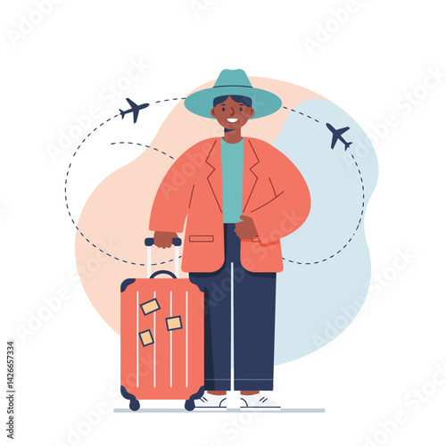 Young traveler with suitcase and hat preparing for flight and adventure in casual outfit vector illustration 