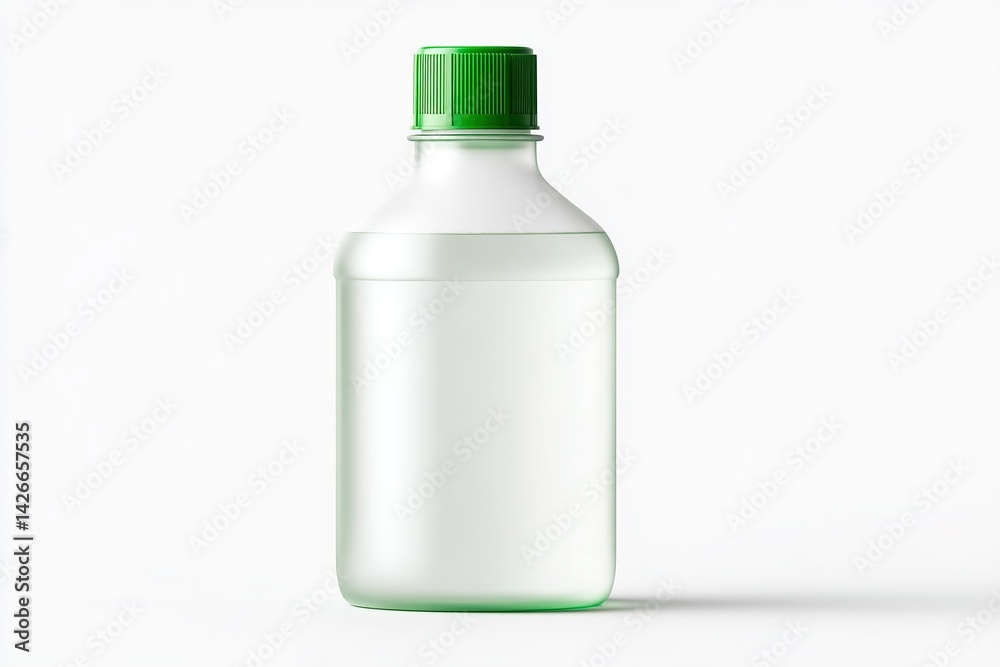Clear liquid in green capped bottle displayed on white background highlighting simplicity and cleanliness