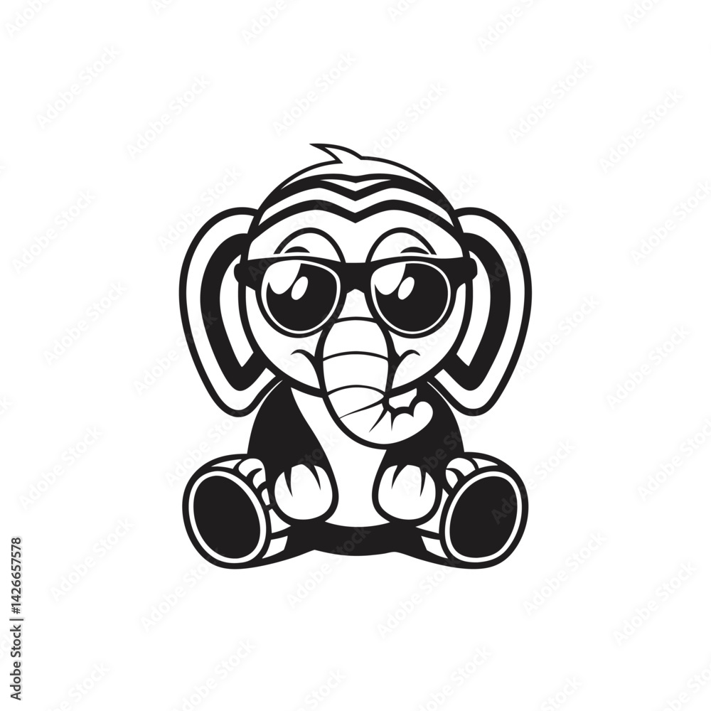 Obraz premium Monochrome Baby Elephant Sitting Downward, Wearing Glasses. Funny Animal Character