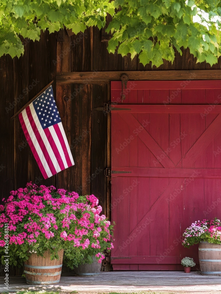 An antique American flag displayed on a weathered barn wall, representing history and tradition.