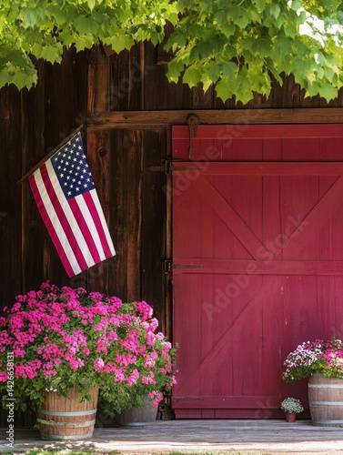 Obraz na płótnie An antique American flag displayed on a weathered barn wall, representing history and tradition. w salonie