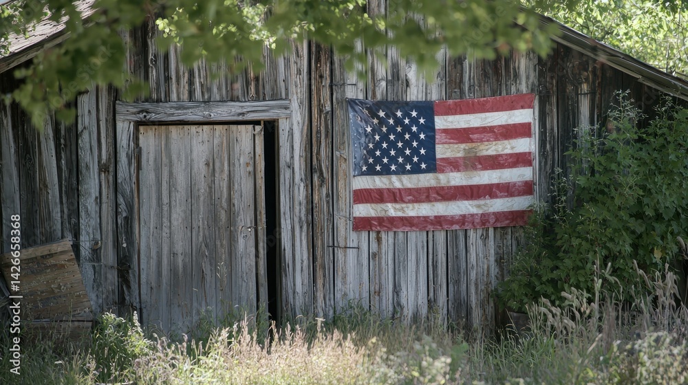A vintage American flag hangs proudly on a weathered barn wall, representing the deep roots of history and tradition