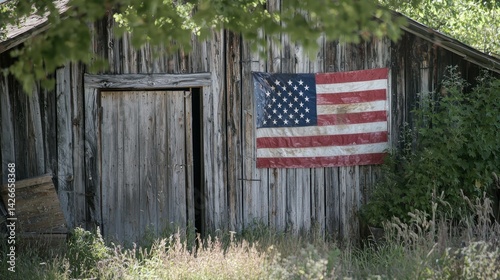 Obraz na płótnie A vintage American flag hangs proudly on a weathered barn wall, representing the deep roots of history and tradition w salonie