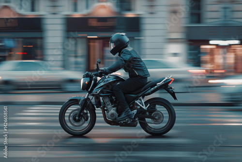 Motorcyclist riding through city street at sunset. Urban lifestyle.  
