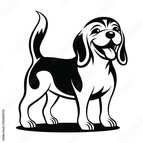 Stylized Beagle Illustration, Black and White, Cartoon Style, Happy Dog, Isolated