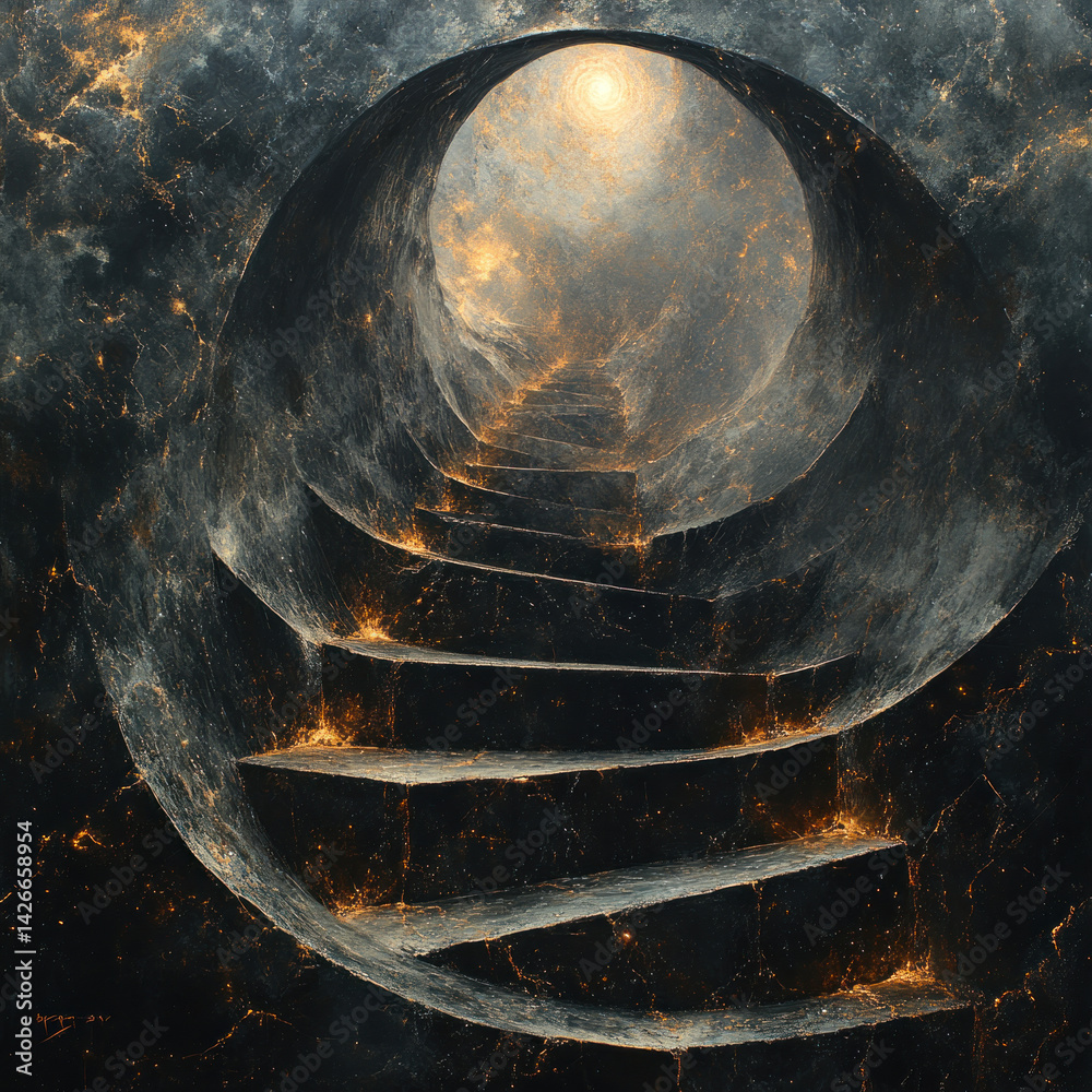 A conceptual digital illustration depicting a spiral staircase leading upwards into a bright light