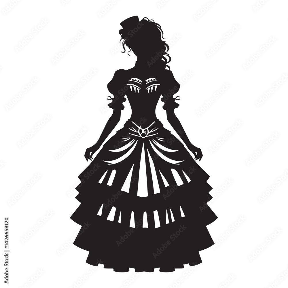 Fototapeta premium Unique Steam-Punk Dress silhouette, where Victorian meets modern – Steam-Punk Dress illustration – Minimalist Steam-Punk Dress vector – Ladies dress silhouette