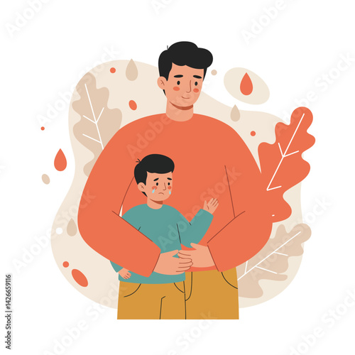 Father and son embracing in autumn leaves background vector illustration showing family love and bonding 