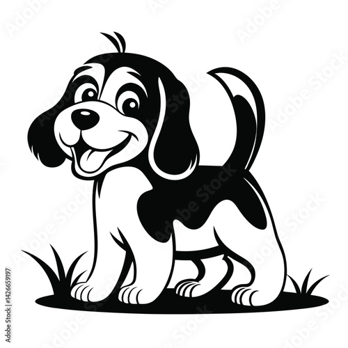 Happy Puppy Cartoon Illustration, Smiling Dog with Tail Wagging, Cute Pet in Black & White