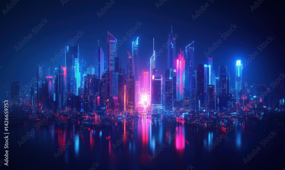 Fototapeta premium Futuristic city skyline illuminated by neon lights reflecting on water surface