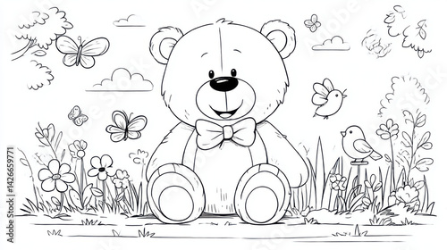 Cute Cartoon Teddy Bear Coloring Page with Flowers, Butterflies and Nature Elements for Kids