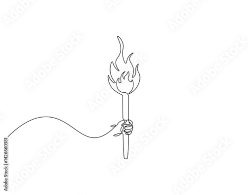 Torch outline drawing illustration. Continuous line draw of bright torch vector.