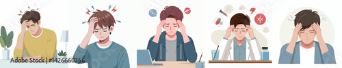 collection of flat design vectors of a young man having a headache