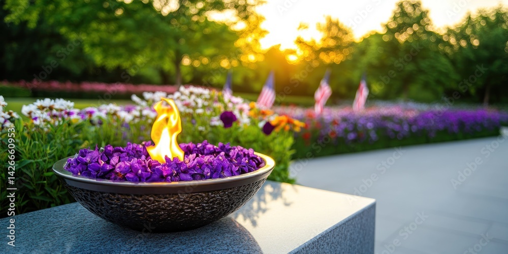 Eternal Flame at Veterans' Memorial with Flowers and Flags Nearby