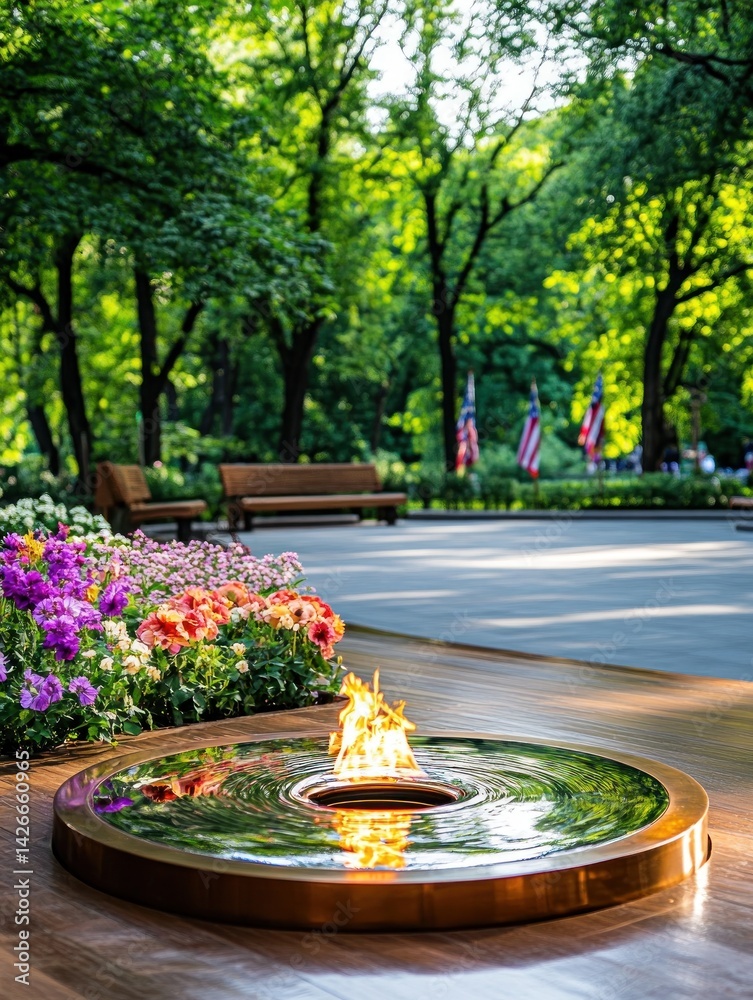 An eternal flame burns brightly at a veterans' memorial, surrounded by flowers and flags, symbolizing unending respect, sacrifice,