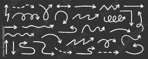 Chalk pencil arrows doodle set. Crayon swirls, direction pointers in sketch style, Grunge texture. Hand drawn vector illustration isolated on black background