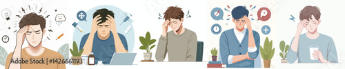 collection of flat design vectors of a young man having a headache