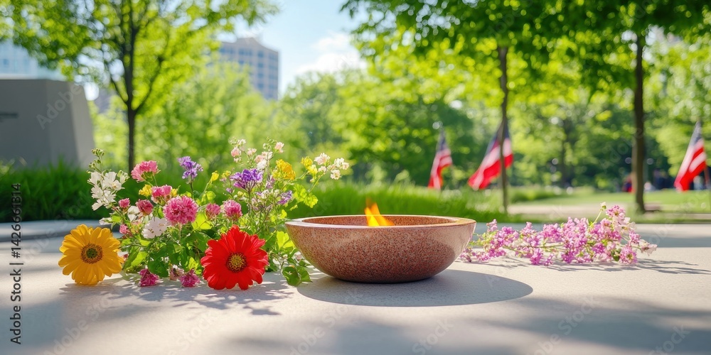 An eternal flame burns brightly at a veterans' memorial, surrounded by flowers and flags as a tribute
