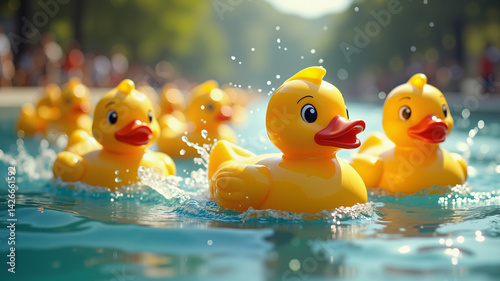 Ducks in a water race with a sign 'Happy Mother's Day, Mommy
