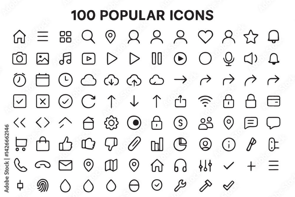100 Basic Icon Set: A comprehensive set of 100 basic icons, featuring user interface elements, social media symbols, multimedia signs, and navigational indicators, all rendered in a clean. 100 Basic Icon Set: A comprehensive set of 100 basic icons, featuring user interface elements, social media symbols, multimedia signs, and navigational indicators, all rendered in a clean.