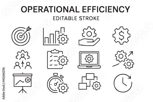 Operational Efficiency Icons: This image features a collection of sleek, editable stroke icons meticulously crafted to visually represent and convey core concepts of operational efficiency.