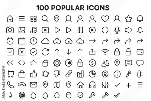 100 Basic Icon Set: A comprehensive set of 100 basic icons, featuring user interface elements, social media symbols, multimedia signs, and navigational indicators, all rendered in a clean.
