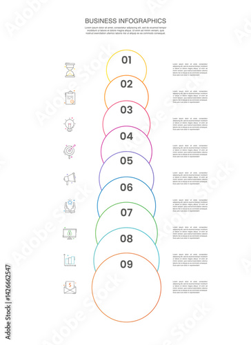 Vector timeline infographics template with nine circles and options. Blank space for web, infographic, diagram, business, digital network, flowchart, presentations