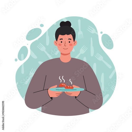 Woman holding a steaming plate of food in casual clothing with fork pattern background vector illustration 