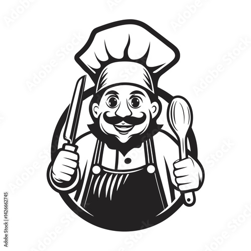 Chef Joyful Cook with Knife and Spoon, Wearing Chef Hat and Apron Design