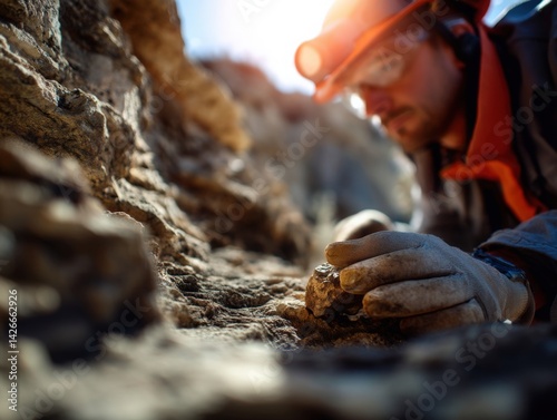 Focused geologist examining a rock formation in a mine, symbolizing exploration and discovery. Ideal for geological studies, mining industry, and earth science education.