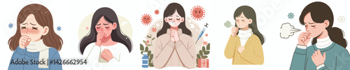 
flat design vector collection of a young woman with a cough