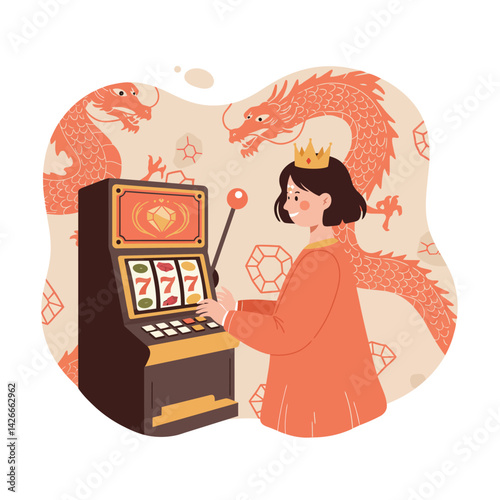 Woman with crown playing slot machine surrounded by dragon decorations in orange tones vector illustration