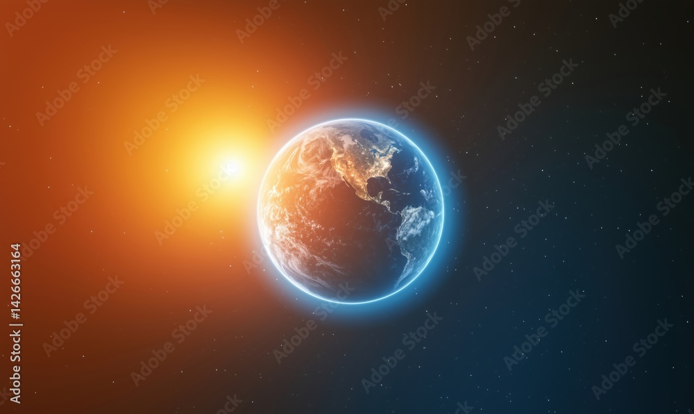 Fototapeta premium Earth illuminated by sunlight in space with glowing atmosphere and starry background