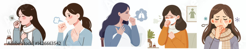 
flat design vector collection of a young woman with a cough