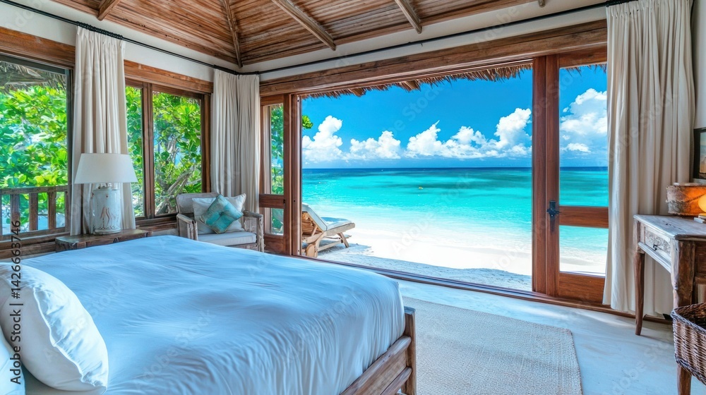 Fototapeta premium Luxurious beachfront bedroom with ocean views