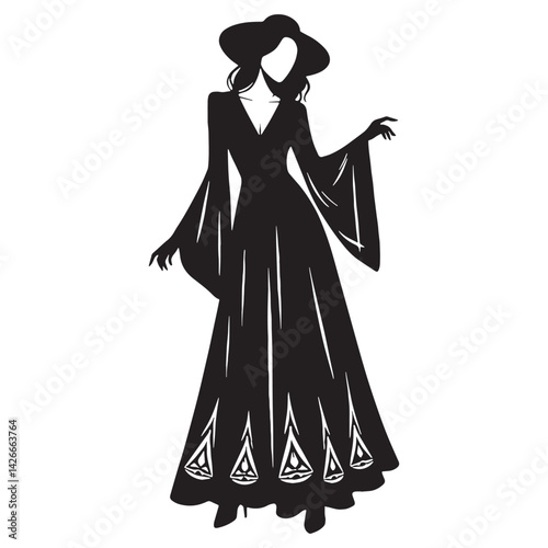 Majestic Witchy Maxi Dress silhouette, commanding presence in every step – Witchy Maxi Dress illustration – Minimalist Witchy Maxi Dress vector – Ladies dress silhouette

