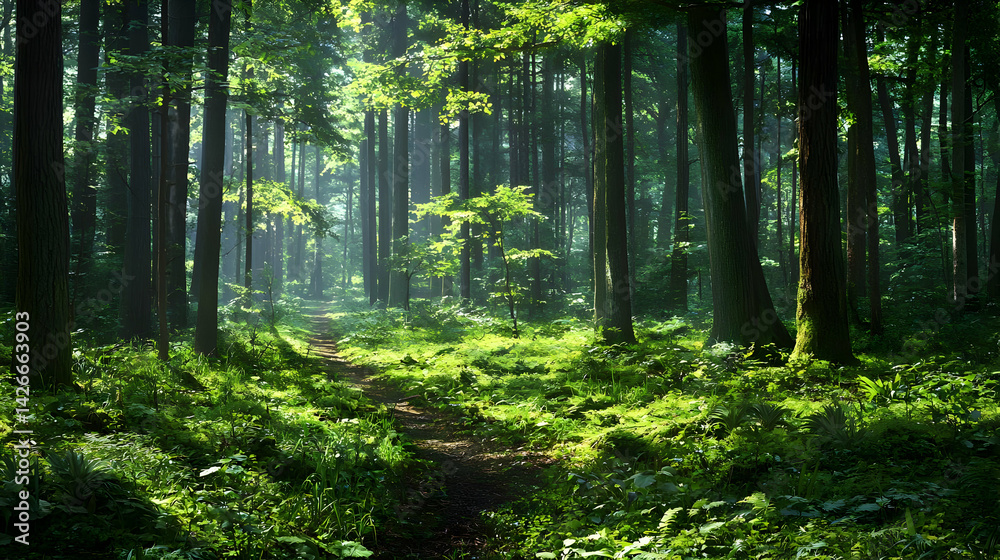 Fototapeta premium Green Forest Path With Sunlight
