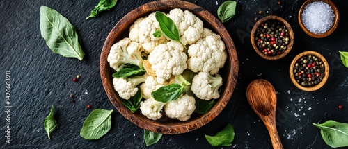 Fresh cauliflower florets gathered in a wooden bowl on dark slate