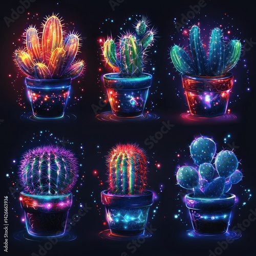 Glowing Neon Cacti Collection in Pots on Dark Background Illustration