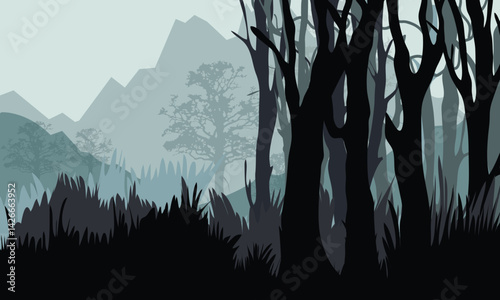 Misty Forest Landscape with Distant Mountains