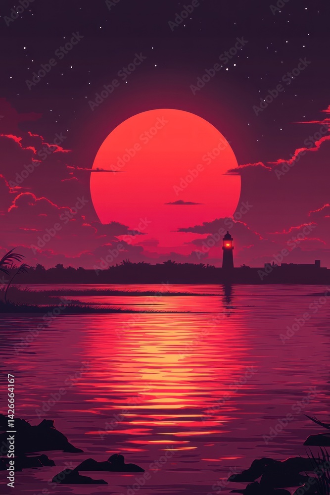 Obraz premium Scarlet Sunset on Tranquil Waters A Lighthouse Silhouette