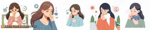 
flat design vector collection of a young woman with a cough